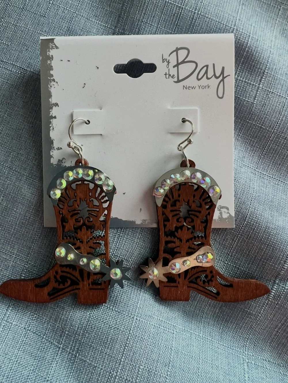 Brown Wooden Cowboy Boot Earrings with Rhinestones